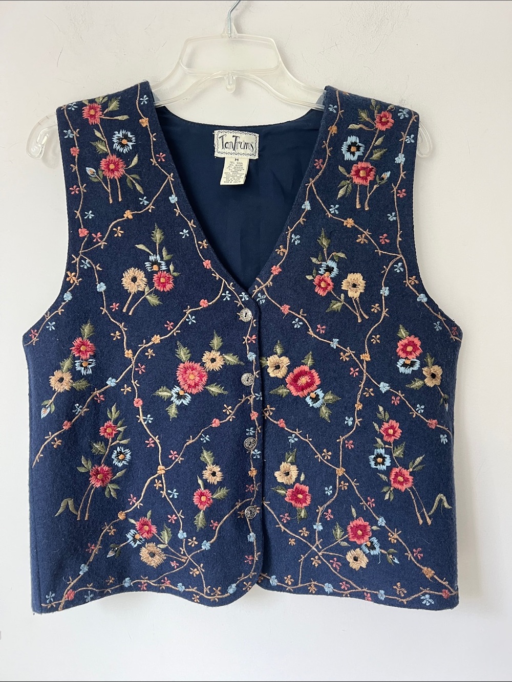 Tantrums Navy Floral Embroidered Button Front Sweater Vest